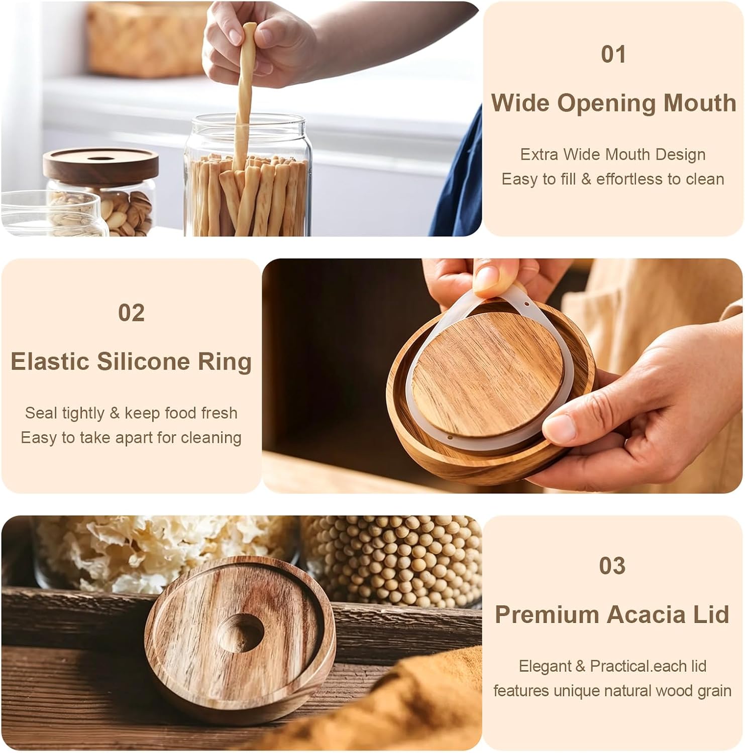 Glass Jars with Airtight Wood Lids - 11 oz Mini Kitchen Pantry Storage Containers, Stackable Decorative Canisters for Chia Seed, Sugar, Tea, Spice, Salt, Matcha, Nuts, Sauce, Cocoa powder, Set of 2