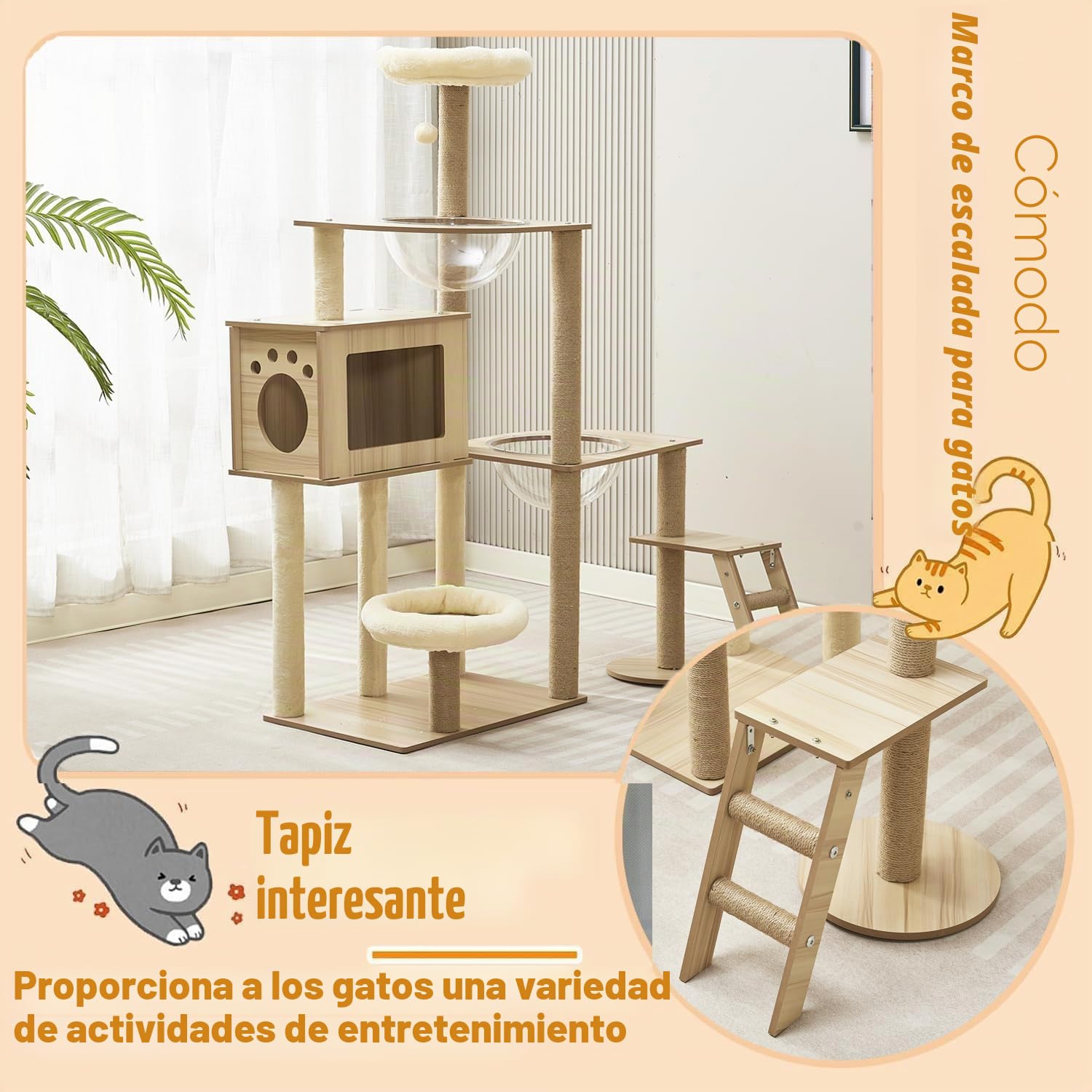 Rascador de Madera de 135 cm, Grande, Estable, Moderno, con condominio, Escalera, Cuenco, árbol rascador Grande