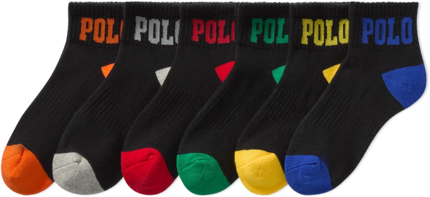 POLO RALPH LAUREN Boys' Athletic Performance Ankle Socks - 6 Pair Pack - Soft Cushioned Comfort
