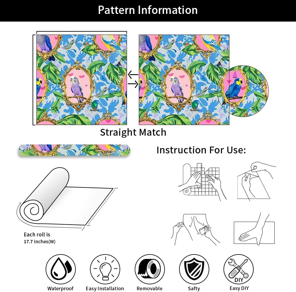 18"x236" Summer Tropical Parrot Watercolor Peel and Stick Self Adhesive Wallpaper Removable Contact Paper Stick on Easy Peel Off Wall Paper for Kitchen Bedroom Bathroom Renter
