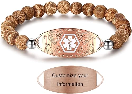 JF.JEWELRY Pulseras de alerta médica para mujeres y hombres, pulsera de identificación médica personalizada con cuentas (5.5-8.5 pulgadas, tamaño