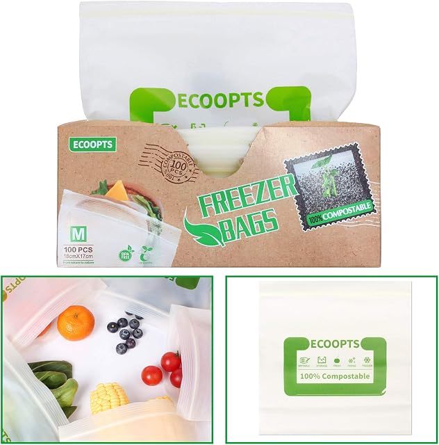 100 Count ECOOPTS Food Storage Freezer Bags 100% Compostable Sandwich Bags BPA Free Storage Zipper Bags(7 x 6.7 IN)
