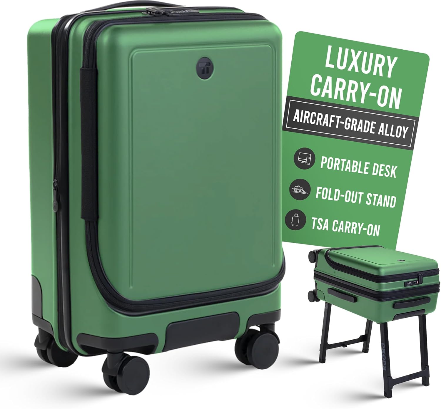 Props 22” Luxury Carry on luggage with wheels - Built-In Desk Luggage Stand - TSA Approved rolling carry on suitcase - Expandable & Lightweight airport luggage for Business Travel (Sage)