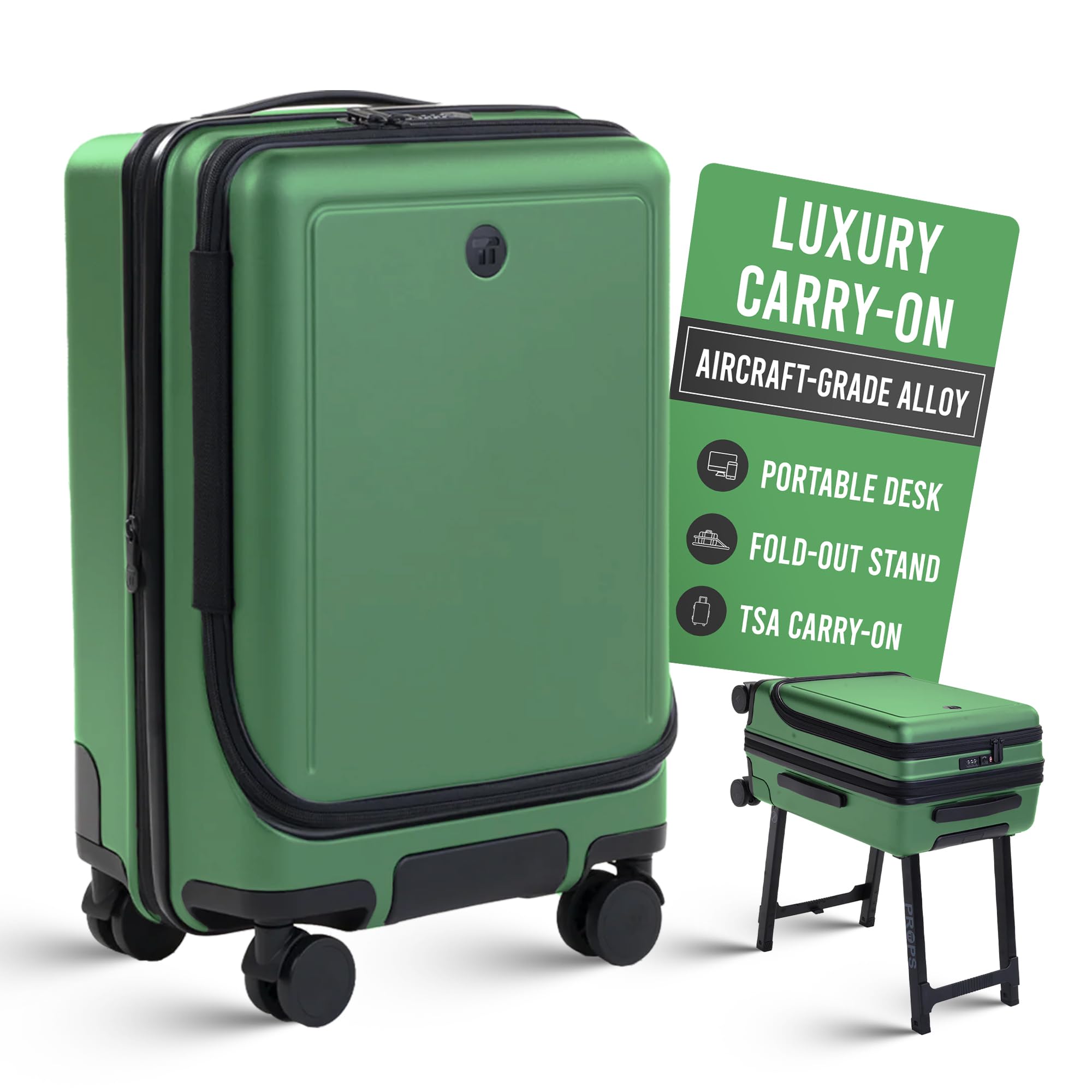 Props 22” Luxury Carry on luggage with wheels - Built-In Desk Luggage Stand - TSA Approved rolling carry on suitcase - Expandable & Lightweight