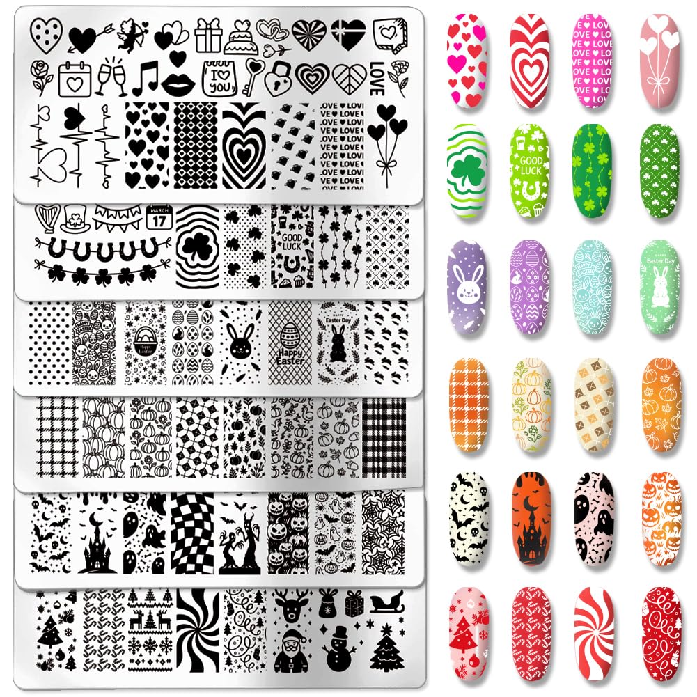 PH PandaHall 6pcs Festival Nail Stamping Plate, Halloween Thanksgiving Nail Art Templates Christmas Mother's Day Valentine St. Patrick's Day Easter Stencils Stainless Steel Image Plates for Women-image-15