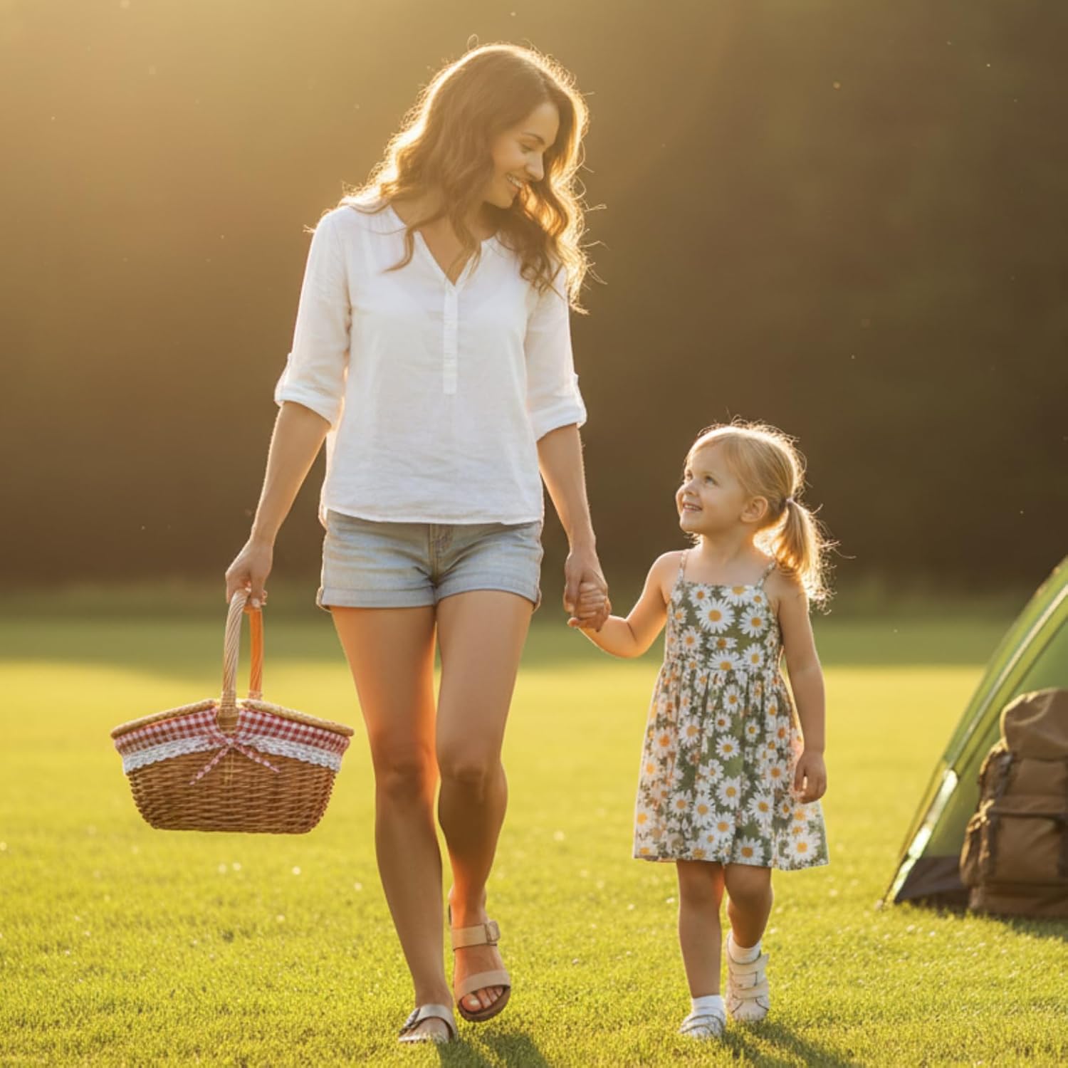 Wicker Picnic Baskets, Country Vintage Picnic Basket with Picnic Cloth Split Lid Picnic Basket, with Folding Handle Picnic Hamper for Picnic Hiking Camping(13.78" D x 9.84" W x 6.69" H) - Image 4