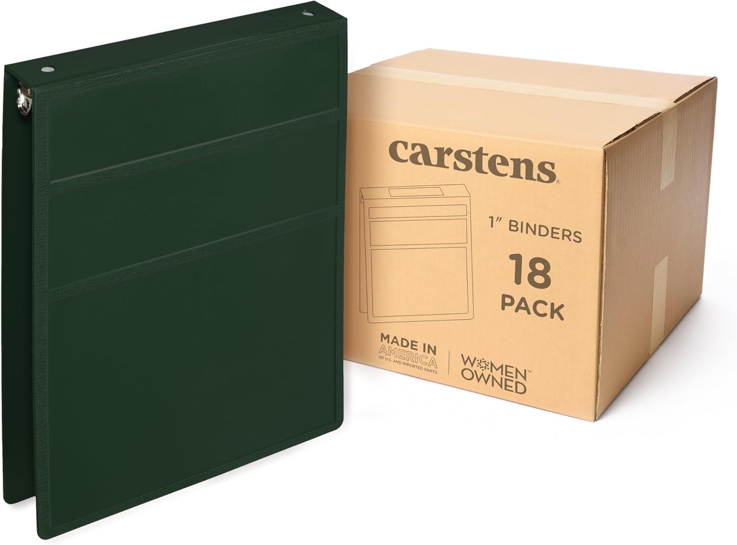 Carstens 1-Inch Heavy Duty 3-Ring Binder - Top Opening, Forest Green, Durable Plastic, No-Gap Rings, Waterproof Cover No Pockets, Holds 125 US Letter Sheets, BPA-Free, Made in USA (8759-3R) Case of 18