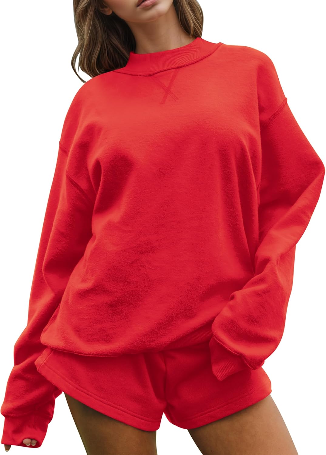 MISSACTIVER Women's 2 Piece Lounge Set Mock Neck Oversized Sweatshirts Sweat Shorts With Pockets Matching Tracksuit Set