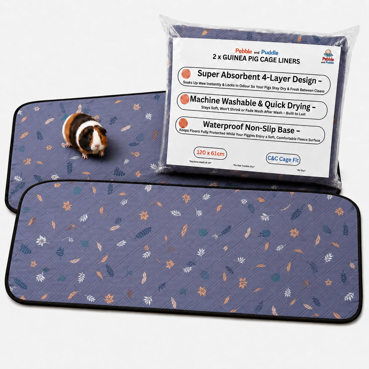 Pebble & Puddle Guinea Pig Cage Liners 61x120cm (2-Pack)–Waterproof & Machine Washable Reusable Cage Liners with Absorbent Core (Soft Grey With Leaf And Feather)