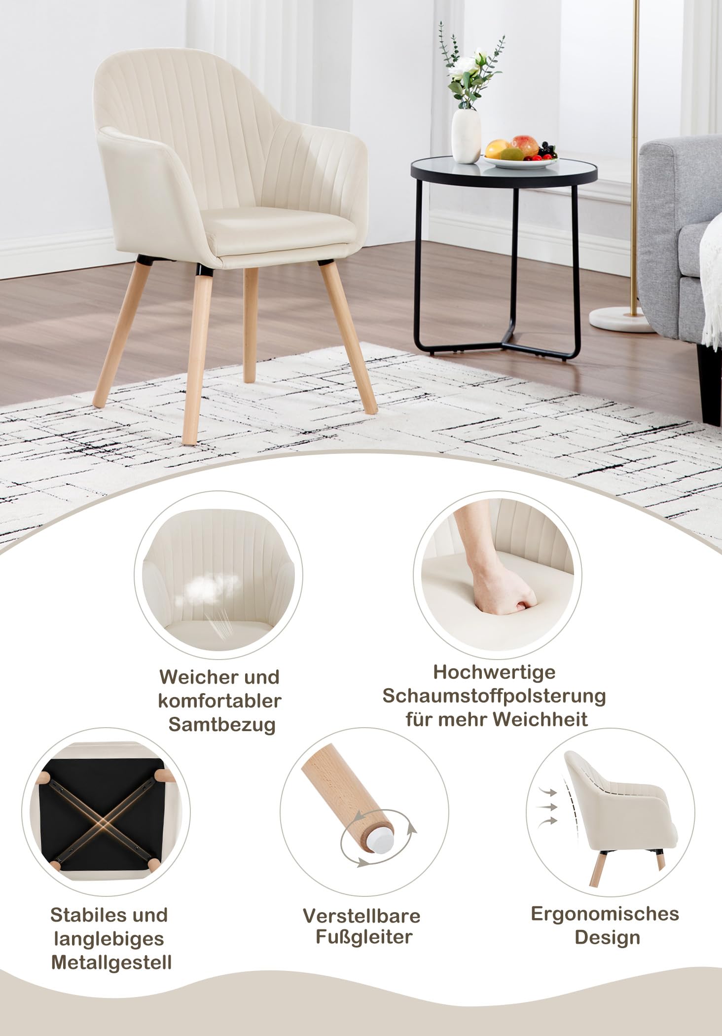 WOLTU Esszimmerstühle 4er Set, für Schlafzimmer Küche Wohnzimmer, Küchenstühle gepolstert mit Armlehne, aus Samt Massivholz, Cremeweiß