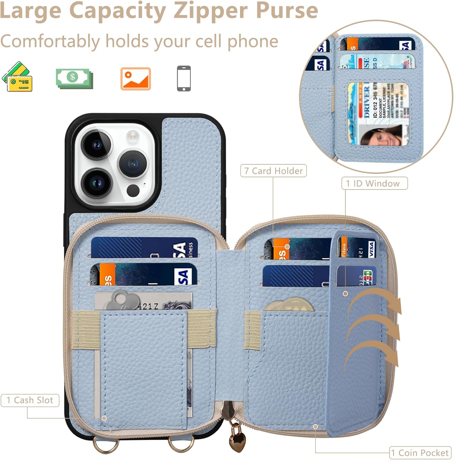 Keallce Compatible with iPhone 15 Pro Max 6.7 inch Case Wallet, Crossbody Zipper with RFID Blocking Card Slots Kickstand, Lanyard & Handstrap Flip Leather Cover for iPhone 15 Pro Max 2023, Blue