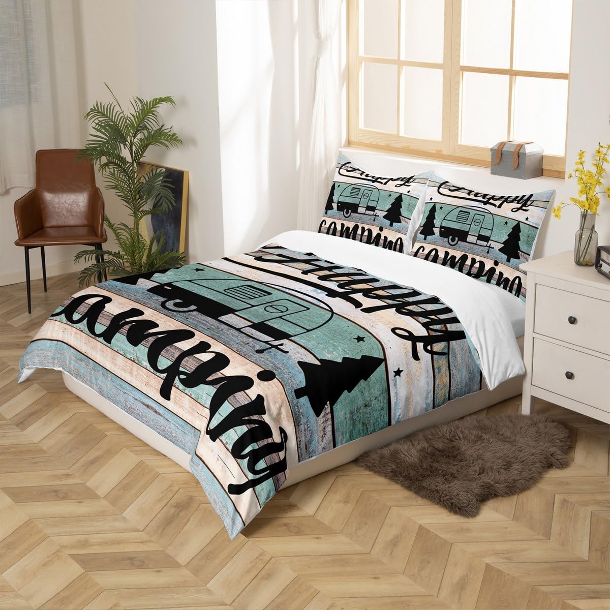 Camping Decor Duvet Cover Great Camping Bedding Set Teal Blue Wooden Plank Comforter Cover for Boys Girls Children Kids Teens Rustic Farmhouse Bedroom Decor RV Decor Bedspread Single - Image 3