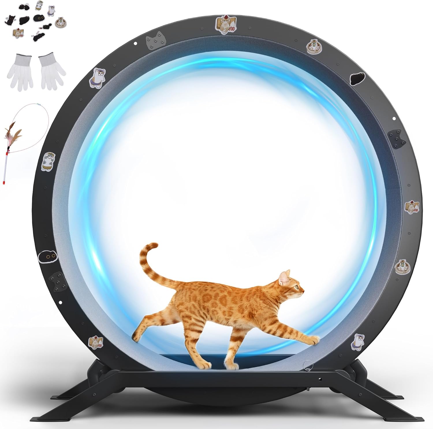 GTRACING Cat Wheels, 40" Diameter, Large Cat Exercise Wheel for Indoor Cats cat Treadmill Metal with Detachable Carpet & Teaser/Stickers, Ultra-Quiet Scroll Wheel with Latch, Safe and Stable, Black