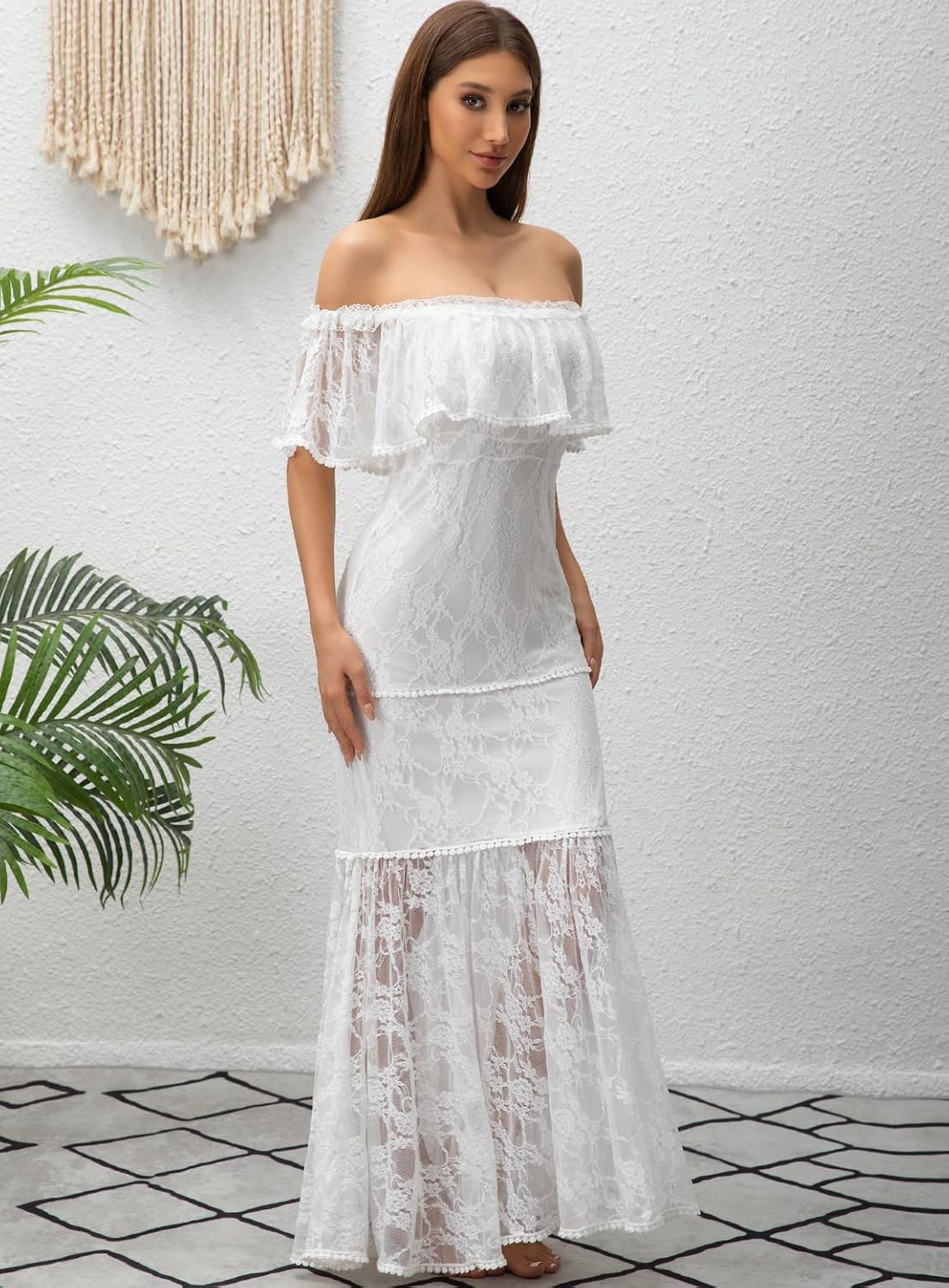 Women's Casual Off Shoulder Lace Maxi Dress Boho White Bridesmaid Wedding Evening Party Dresses - Image 5