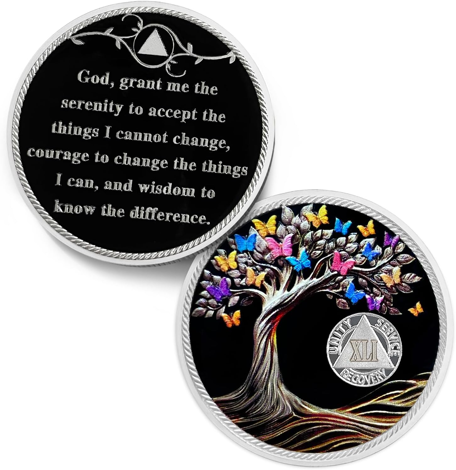 Delicate 41 Year Sobriety Coin - Recovery Butterfly Tree of Life AA Coins - 41 Year NA HA AA Chips and Medallions - 1-62 Years Living Clean Narcotics Alcoholics Anonymous Gifts for Men Women