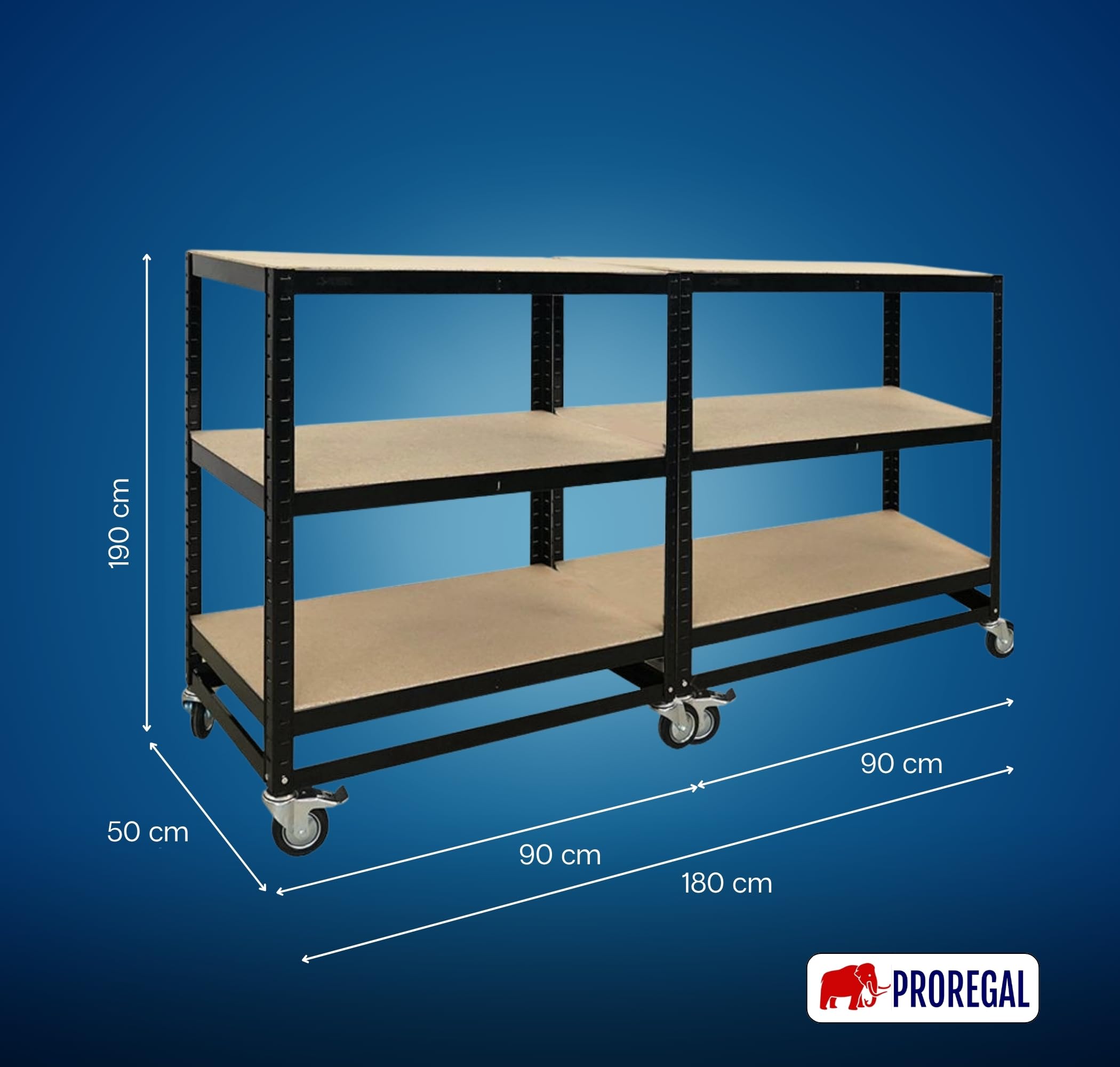 PROREGAL Mega Deal 2X Kommissionierwagen BÜFFEL Fahrbares Kommissionierregal 100x90x50cm 3 Ebenen Fachlast 50kg 2X Lenkrollen & 2X Lenkrollen mit Feststellbremse Schwarz Regal auf Rollen Regalwagen