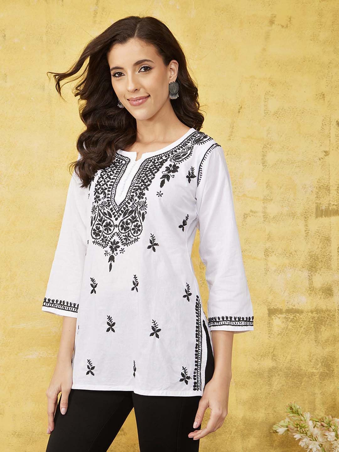 Ada Women's Hand Embroidered Indian Chikankari Cotton Top Tunic Blouse Shirt S411139 White - Image 6