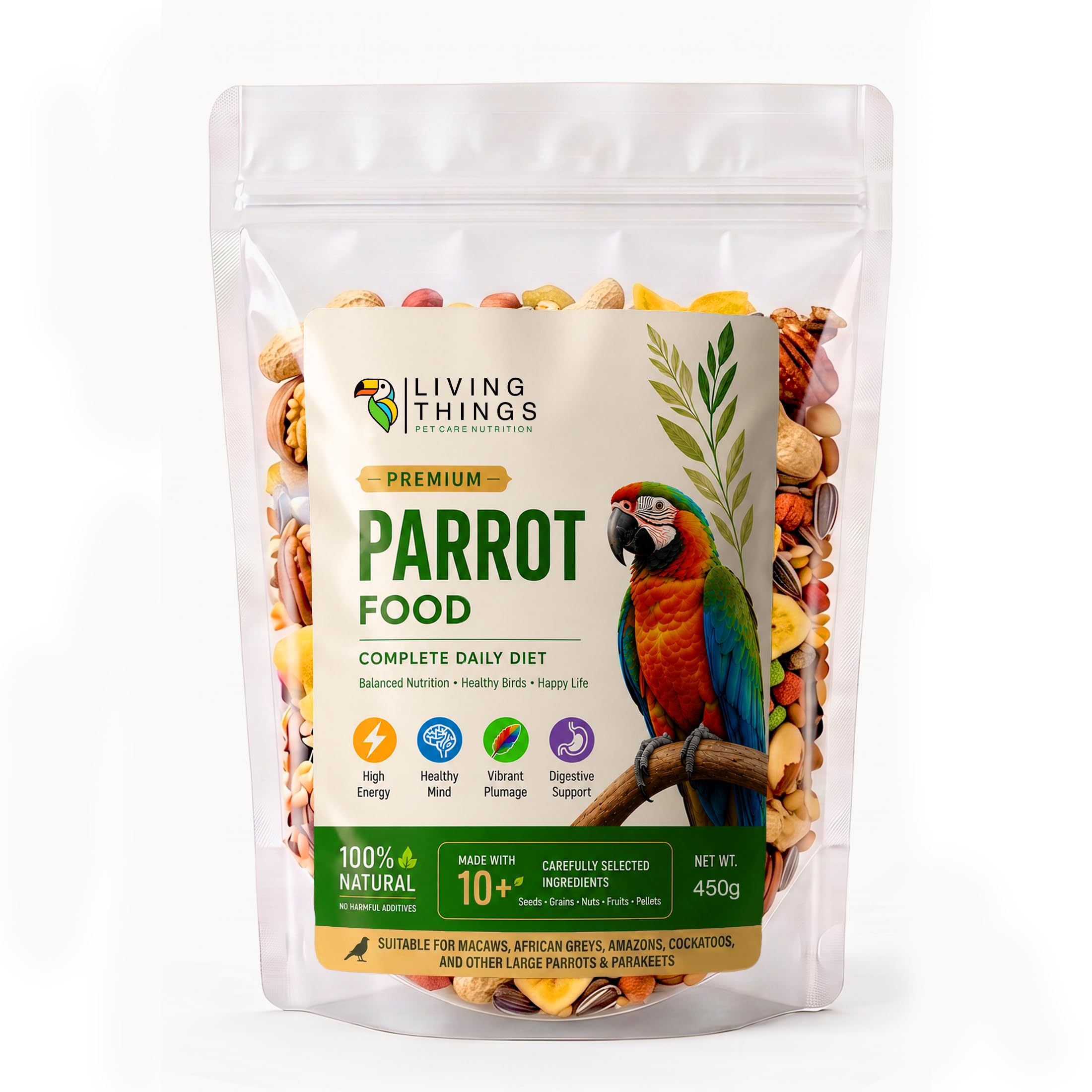 Living Things Premium Parrot Food 450g | Complete Daily Diet | Nuts, Fruits,Seeds & Pellets | Natural Bird Food for Macaws, African Greys, Amazons, Ringnecks & Large Parrots-image-46