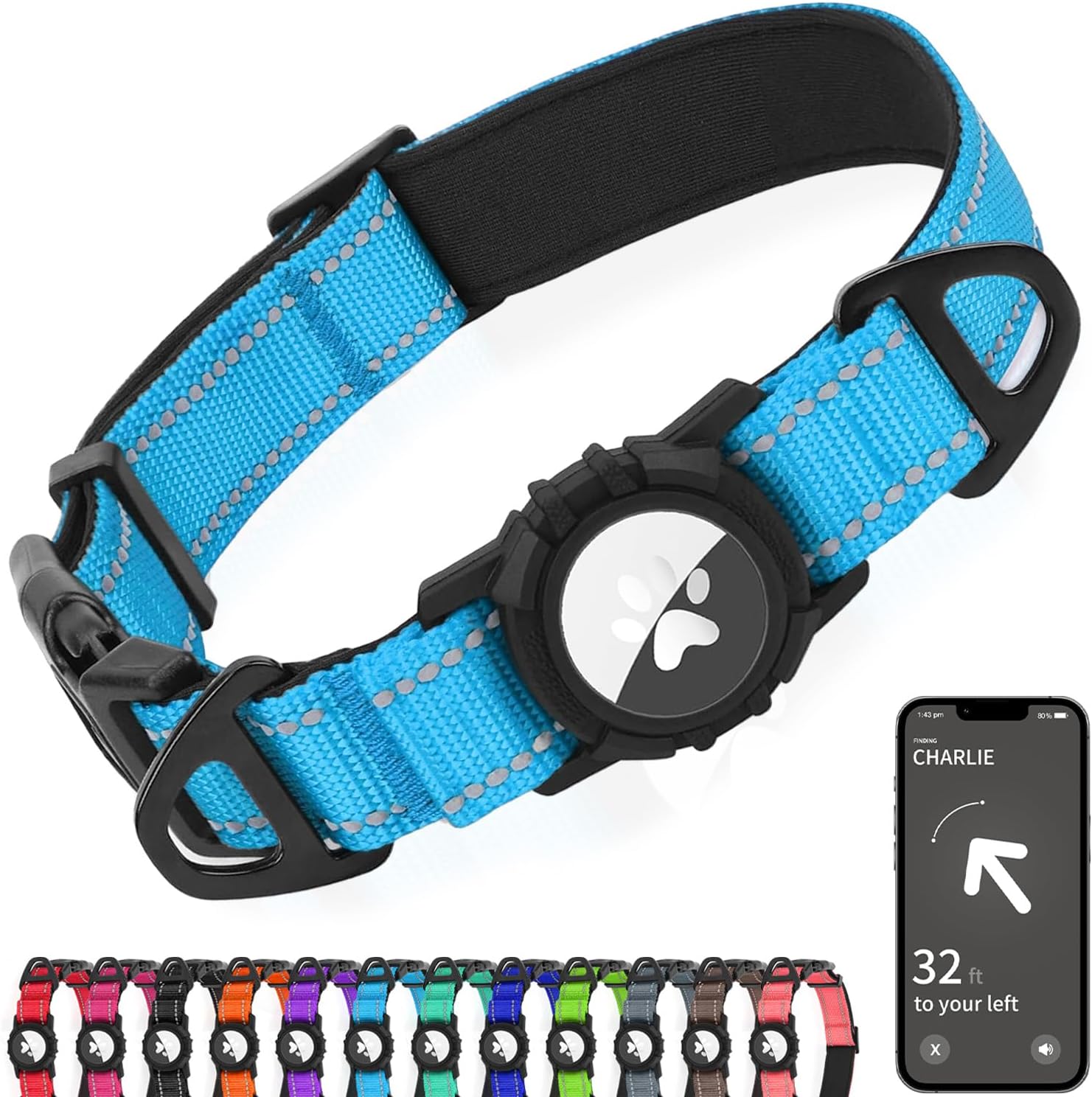 Joytale AirTag Dog Collar, Waterproof, Dual Metal D-Rings, SkyBlue, M