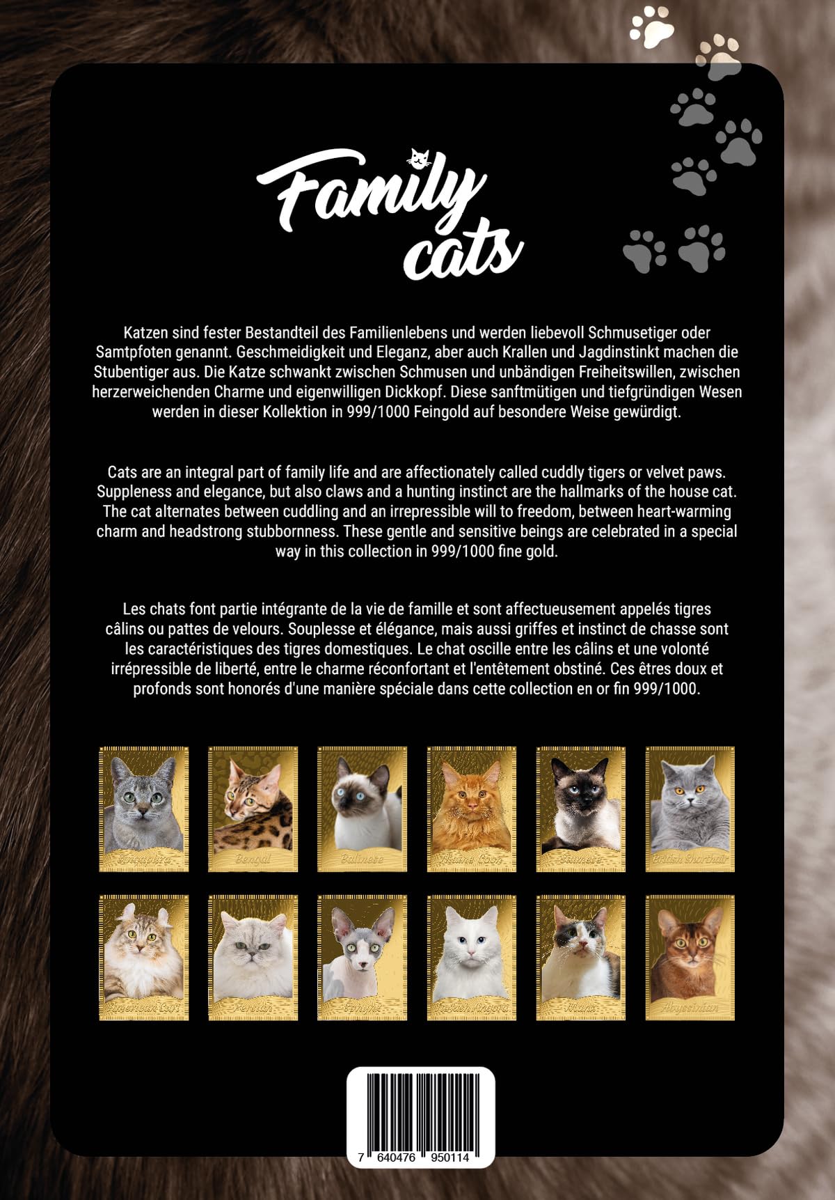 Family Cats - Familienkatzen | Sammelalbum | Komplettset mit 12 Exemplaren | Feingold | Brilliante Farbapplikation | Mit Echtheitszertifikaten