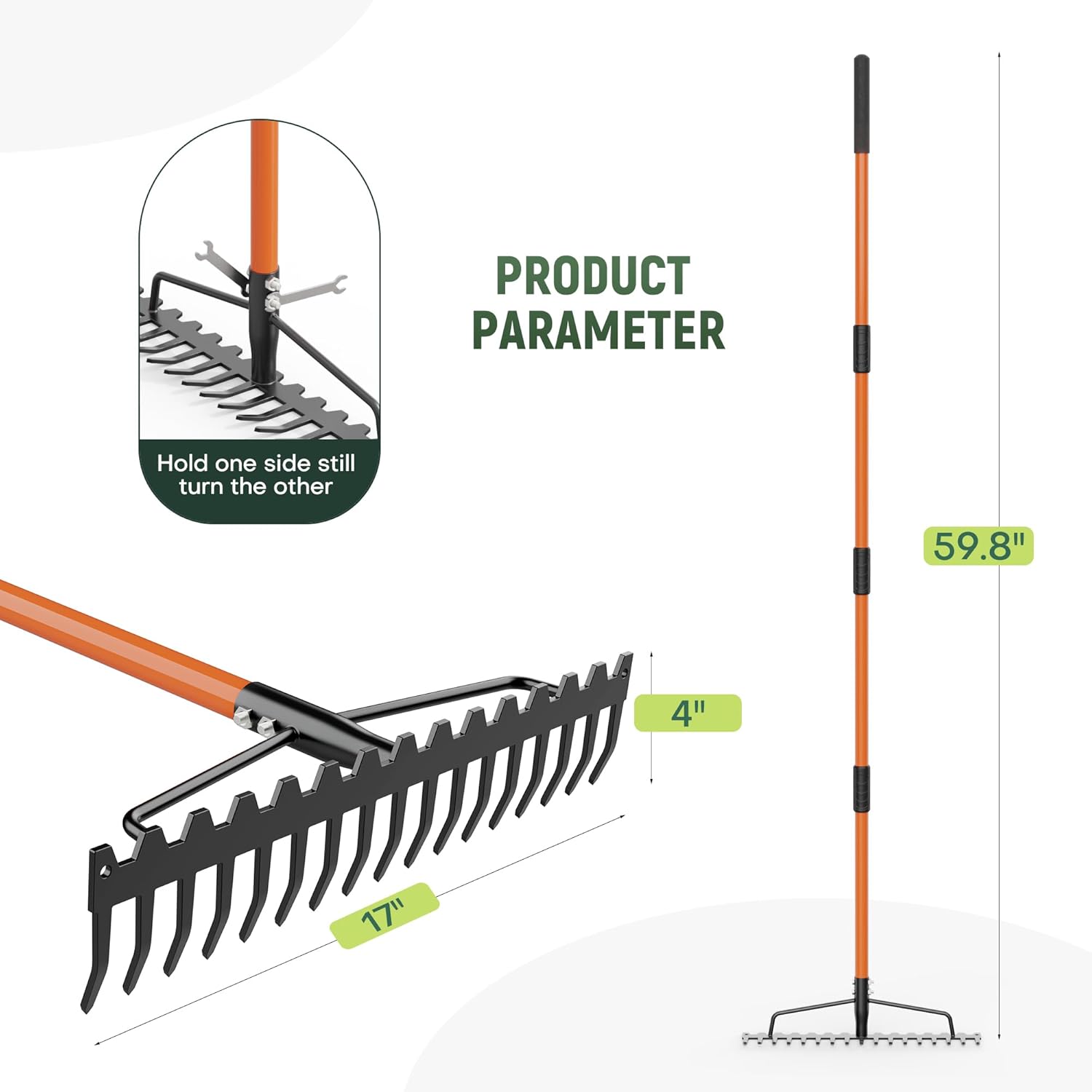 63" Heavy Duty Bow Rake with 17-Tine Metal Rake Head and Adjustable Handle, 17" Wide Steel Garden Rake for Lawn Care, Soil Loosening, Gravel & Rock Leveling, Leaf and Mulch Cleanup