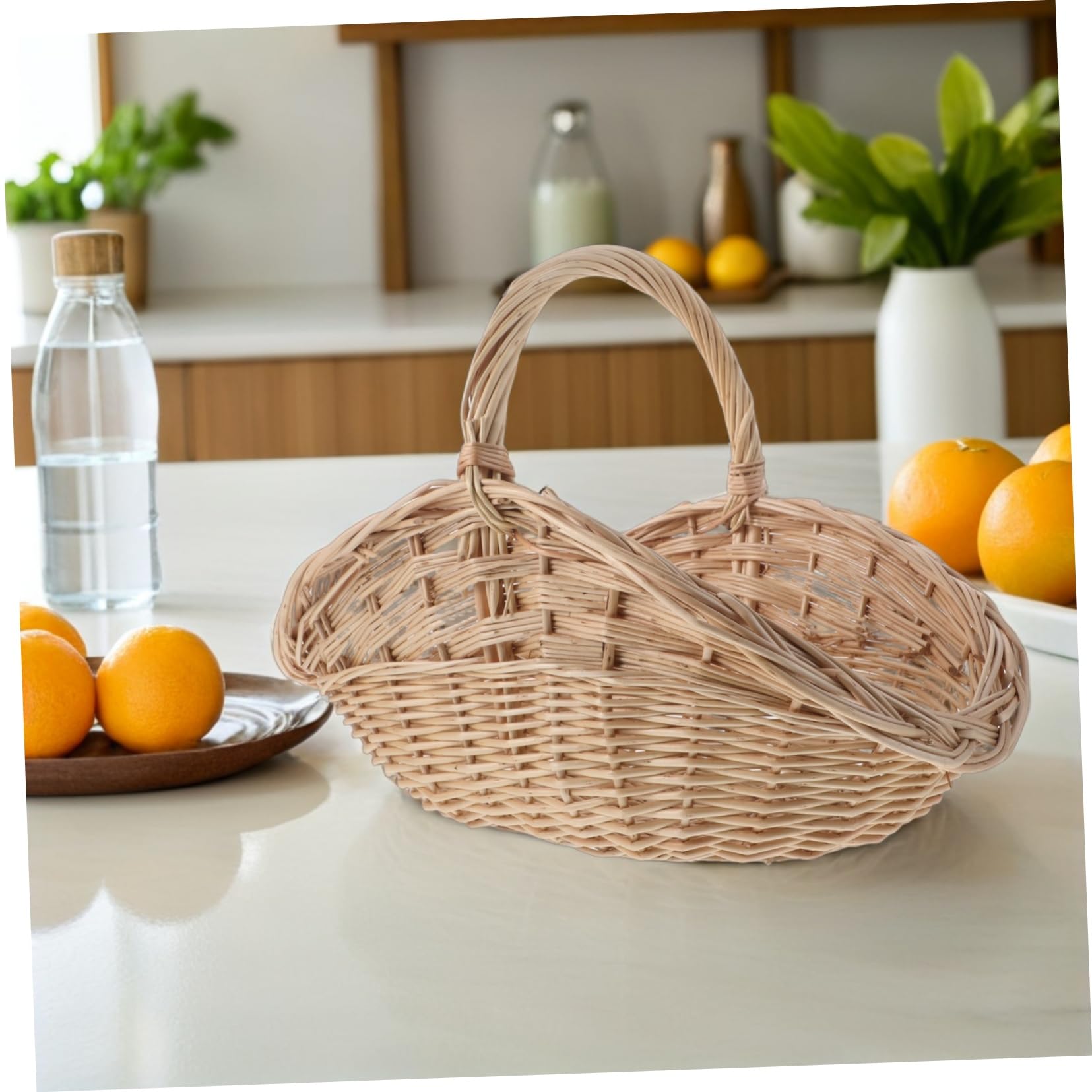 Cesta de Mimbre Natural con Asa Ventilada para Picnic Almacenamiento Flexible de Frutas Verduras y Huevos Diseño Artesanal Resistente para Cocina y Exteriores