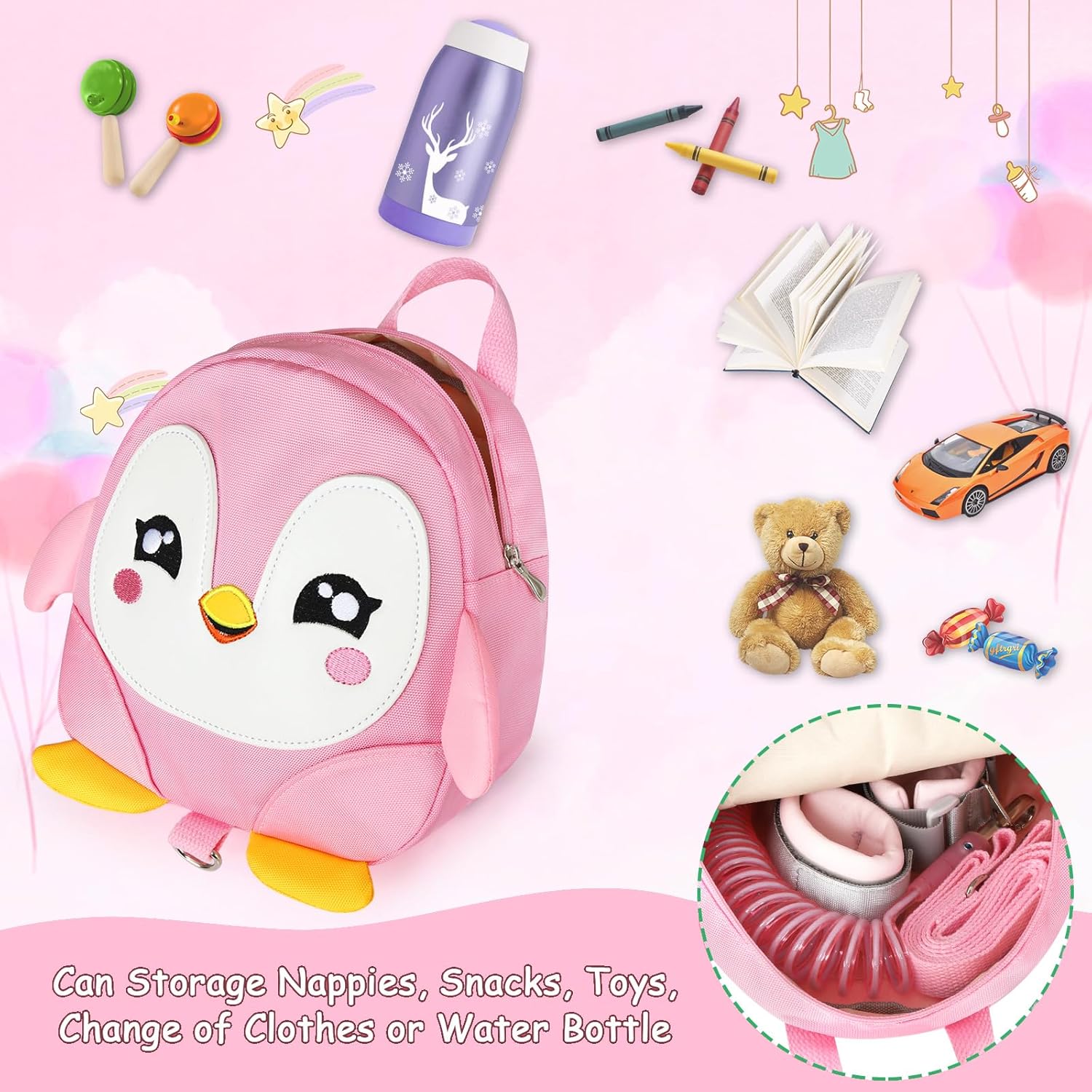 Accmor Toddler Harness Backpack Leash, Cute Penguin Kid Backpacks with Anti Lost Wrist Link, Mini Child Backpack Wristband Tether Strap and Protection Leashes Travel Bag Harness Rein for Baby Girls - Image 2