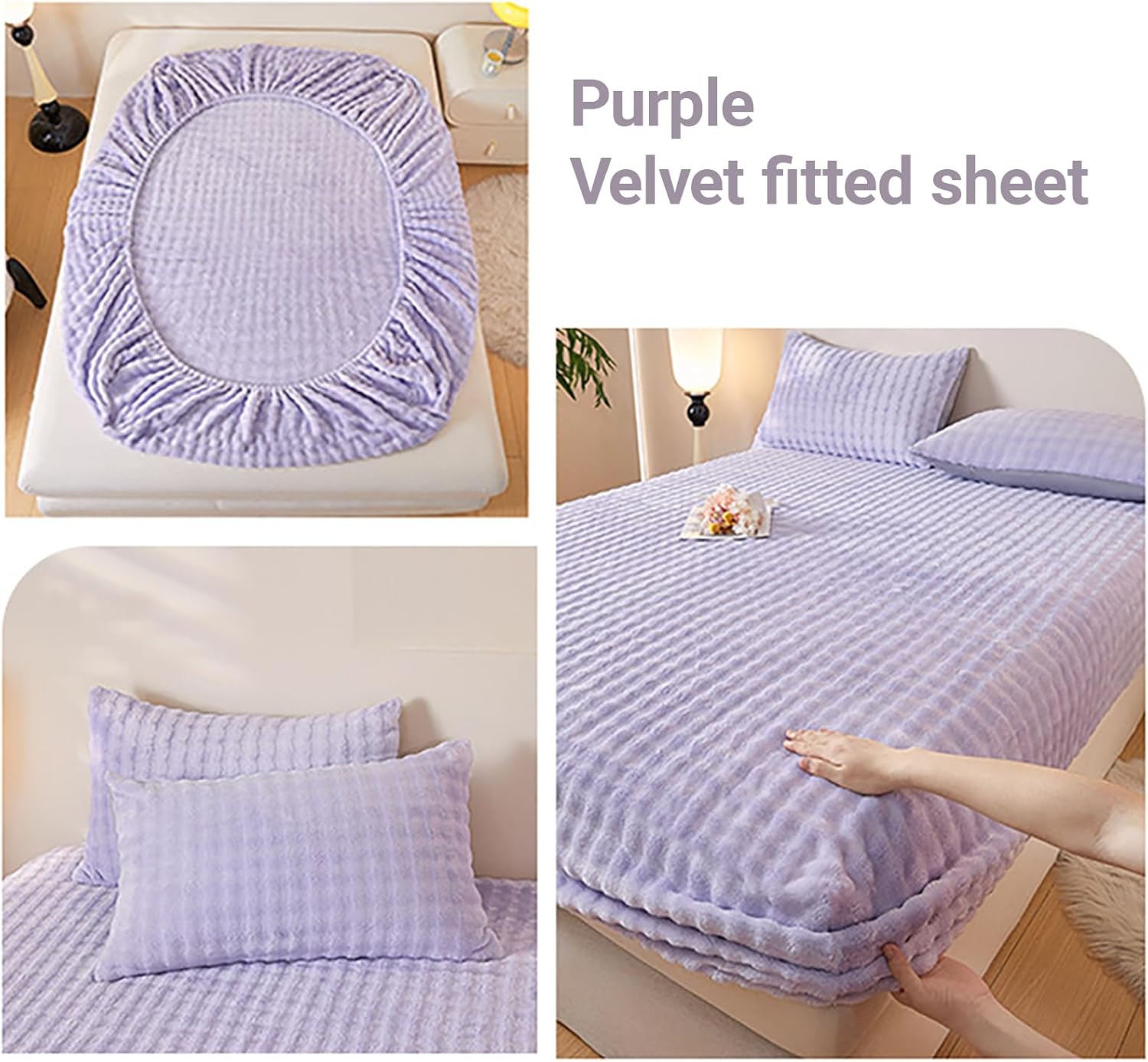 Milk Velvet Fitted Sheet, Soft Velvet Flannel Bed Sheet Mattress Protector Cover with 12'' Deep Pocket, Faux Rabbit Fur, Elastic Fitted Mattress Topper,Sheet Only(Twin 36"x75", Purple)