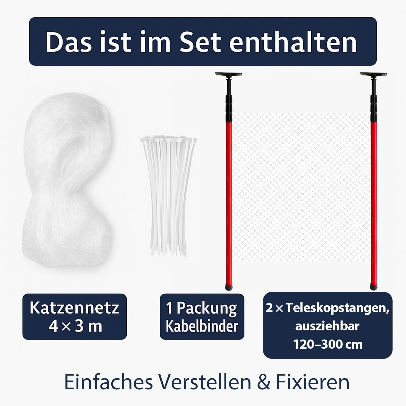 Katzennetz für Balkon mit Stangen – Ohne Bohren montierbar, Aluminium Teleskopstangen 120–300 cm, Sicherer Katzenschutz & stabile Befestigung