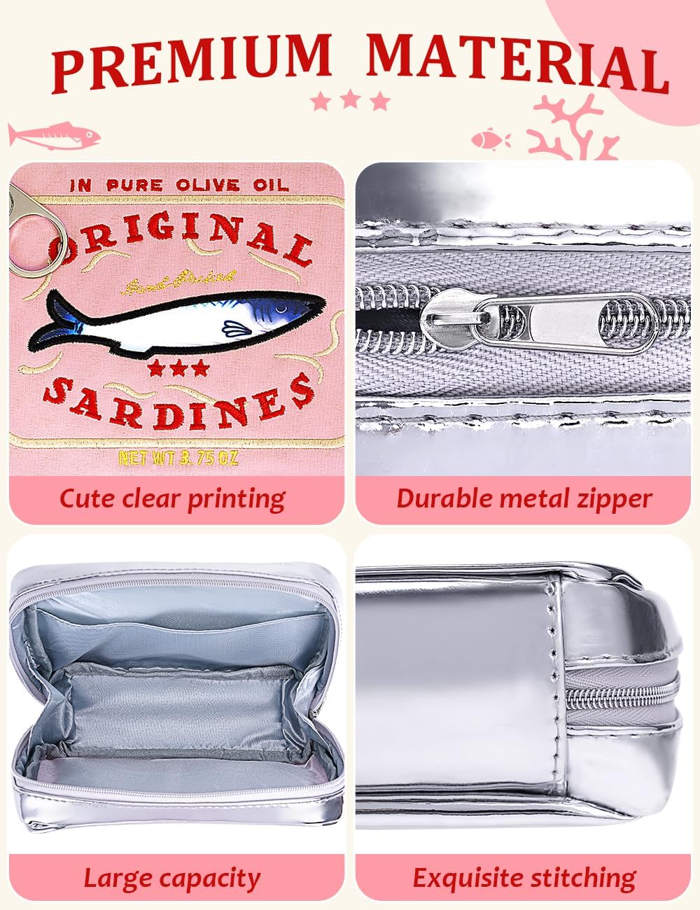 Cessfle Canned Sardines Makeup Bag, Funny Sardine Tin Fish Cosmetic Bag, Creative Cute Makeup Bag Kawaii Pencil Case Pouch, Coquette Make up Pouch for Women - Image 4