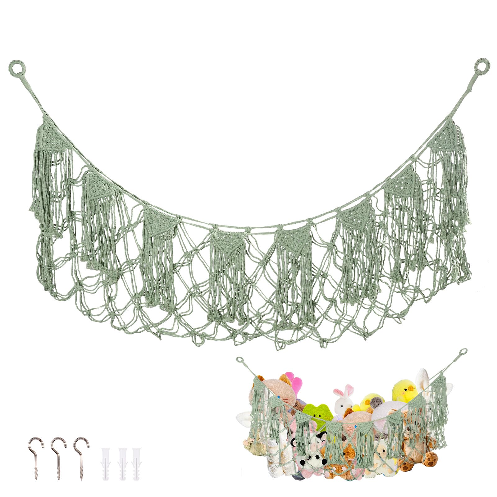 Ghshanog Hammock Toy Net for Stuffed Animals,Boho Storage,Hanging Soft Toy Net Space Saving Toys Organizer,Nursery Hanging Organizer Stuffed Animals Holder for Hats Toys Dolls(Green)