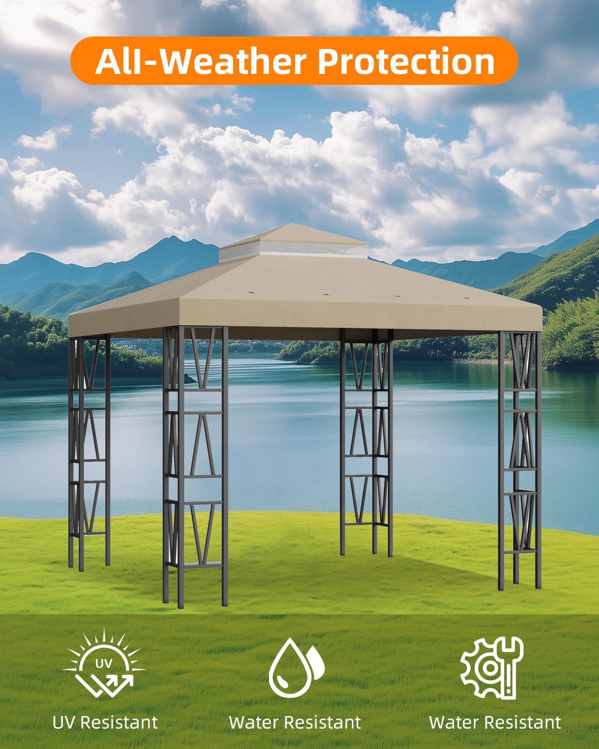 10x10 Gazebo Replacement Canopy Top Cover, Double Tiered Gazebo Cover with Air Vent for Yard, Patio & Garden (Khaki)