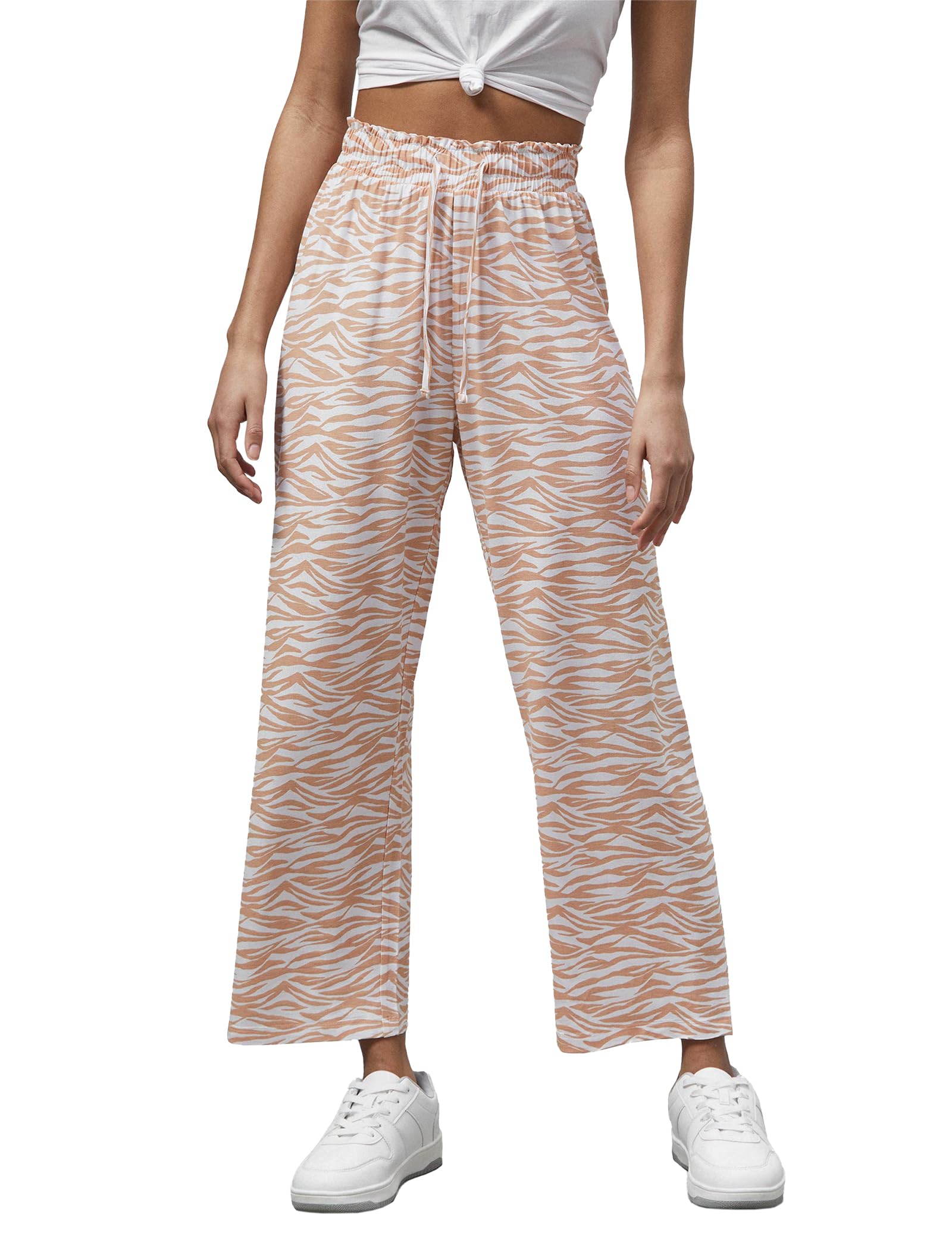 Enorsia Womens Zebra Print Straight Leg Trousers with Elasticated Waist, Drawstring, Straight Fit, Allover Printed and Soft Fabric (Nude, 12)