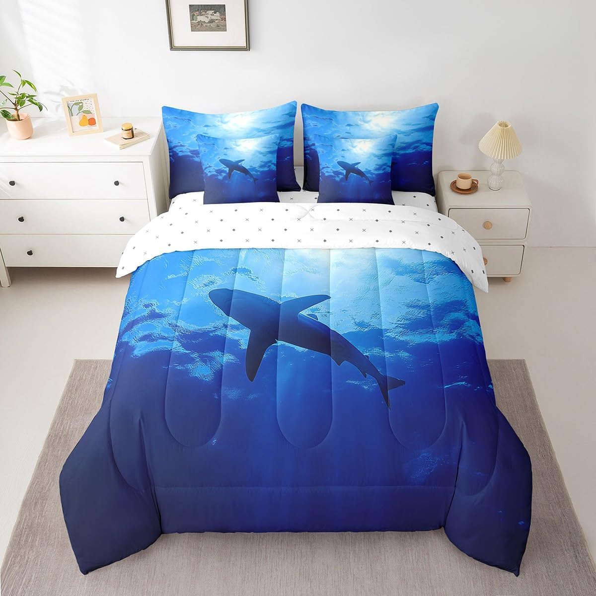Erosebridal Shark 7 Piece Comforter Set Queen Size,Ocean Life Underwater World Bed in a Bag with Flat Sheet and Fitted Sheet,Watercolor Sea Wave Ombre Gradient Bedding Set with Pillowcase & Sham