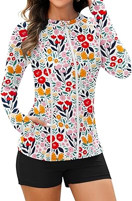 Soneven Women Long Sleeve Rash Guard Sets Two Piece Swimsuit with Shorts UPF 50+ Bathing Suit Full Zip Swim Shirt