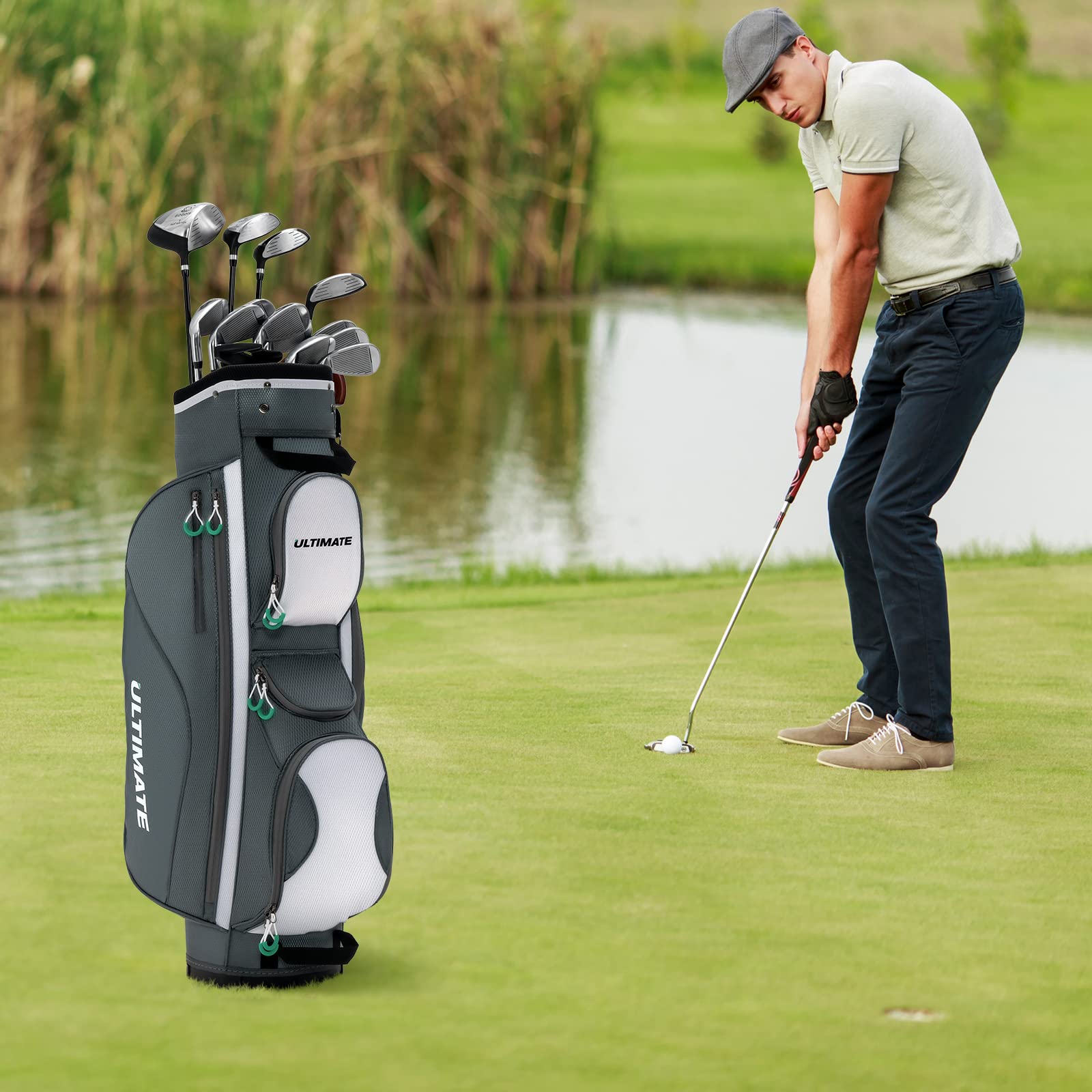 COSTWAY Golfbag, leichtes Golf Cart Bag, mit Regenhaube, 14er Einteilung von Schlägerfach, auch zur Nutzung auf Golf Trolley und Golf Cart, 7/8 Reißverschlusstaschen
