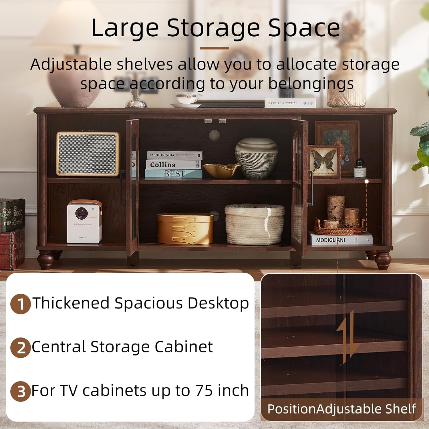 Farmhouse TV Stand for 60 Inch TV, Wood Entertainment Center with Adjustable Shelves & Glass Door Storage Cabinet,Television Stands for 65" TVS,TV Console Table for Living Room,Bedroom,Walnut - Image 5