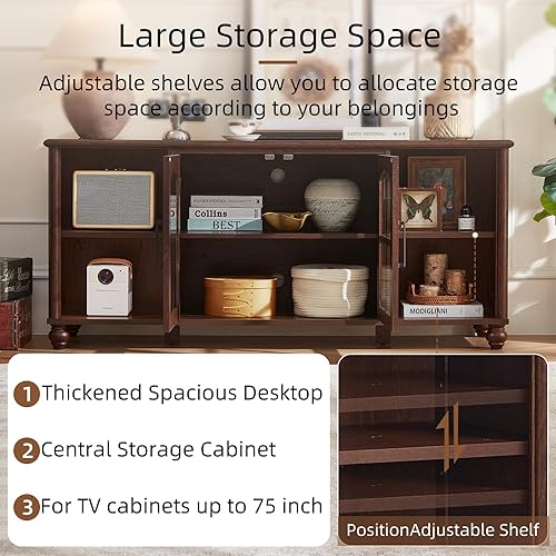 Miniatura 5 de Soporte de TV estilo granja para TV de 60 pulgadas, centro de entretenimiento de madera con estantes ajustables y gabinete de almacenamiento