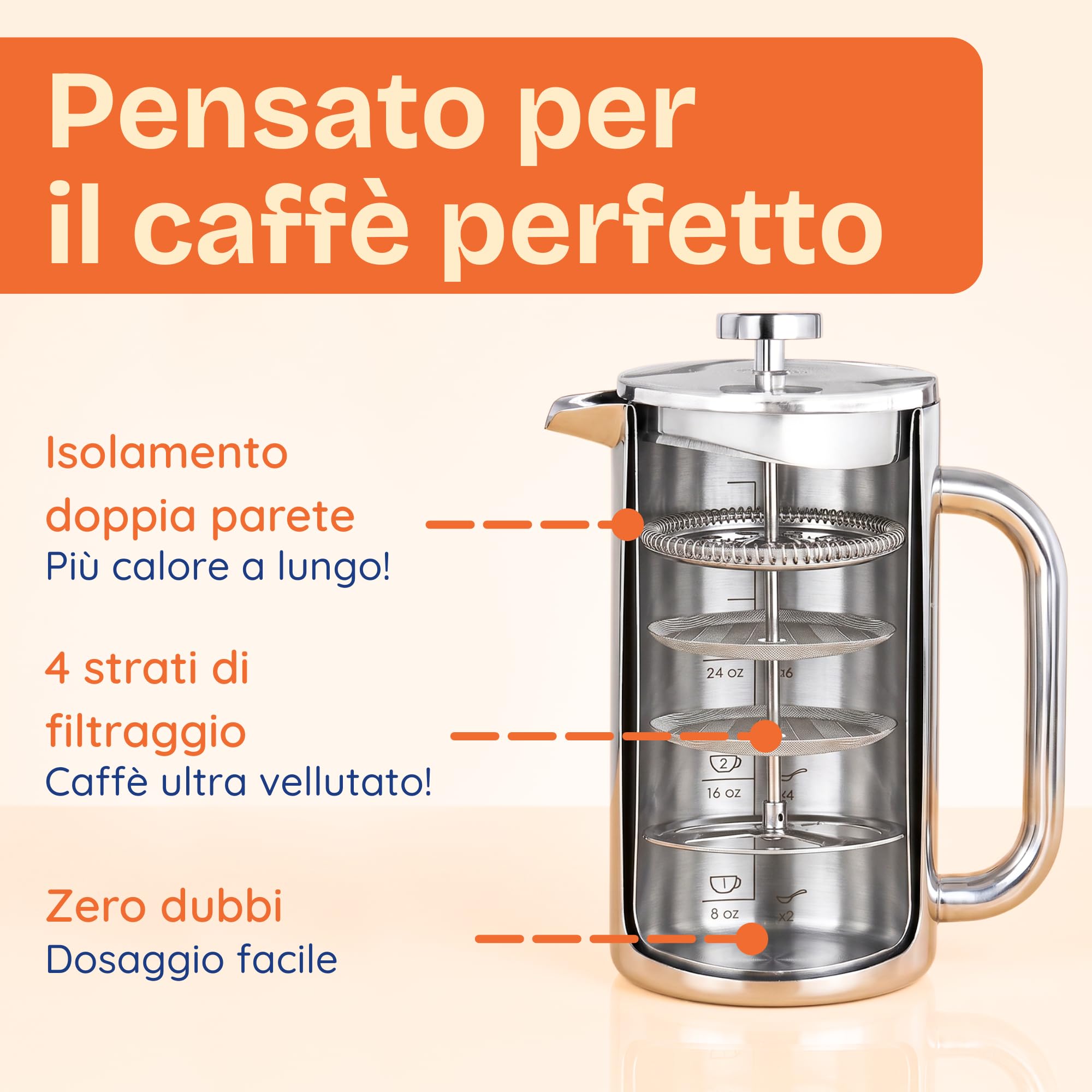 Ziruma Non Tossico Caffettiera a Stantuffo Acciaio, Senza Plastica, 1L