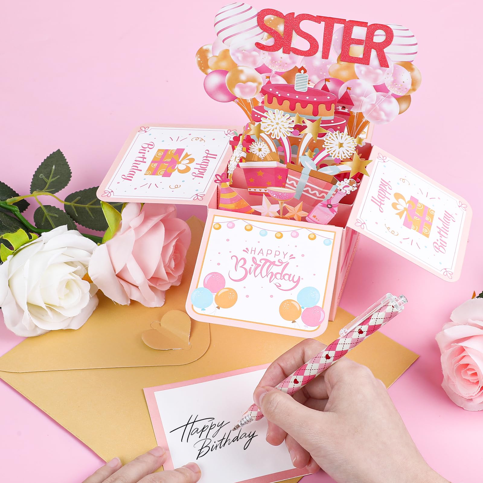 STEFORD Tarjeta desplegable de feliz cumpleaños para hermana, tarjeta de cumpleaños 3D para hermana con sobre, globos, fuegos artificiales, tarjetas de felicitación con tarjeta en blanco, regalos