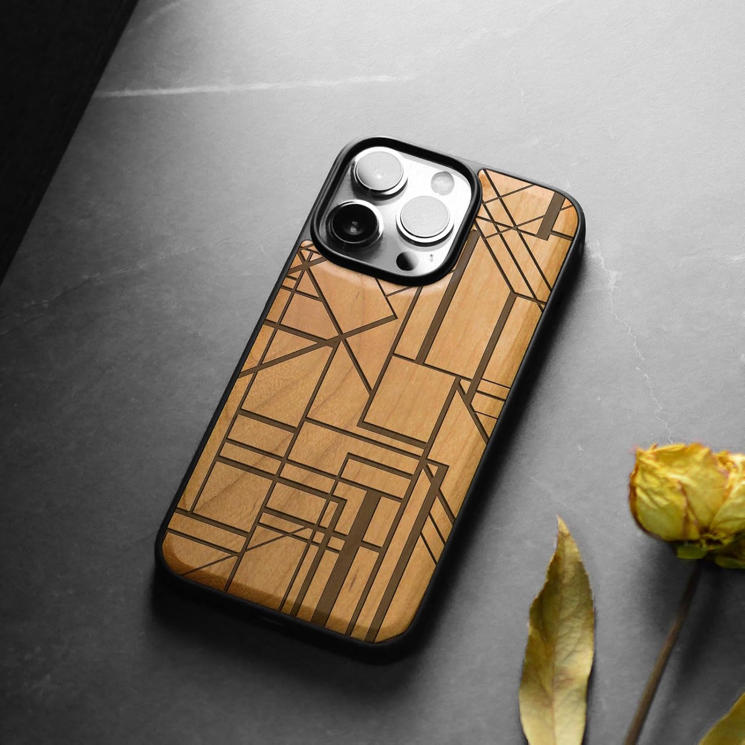 Carveit Magnetic Wood Case for iPhone 14 Pro Case [Natural Wood & Black Soft TPU] Unique & Classy Wooden Shockproof Protective Cover Compatible with magsafe (Geometric Figure -Cherry)
