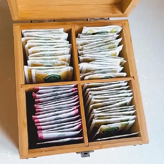 Tea Organizer Box 7.4 x 8.1 x 4.2 Bamboo Wood Organizer Storage Chest 4 Tall Adjustable Slots 100% Handmade Eco-Friendly Natural Kitchen Decor
