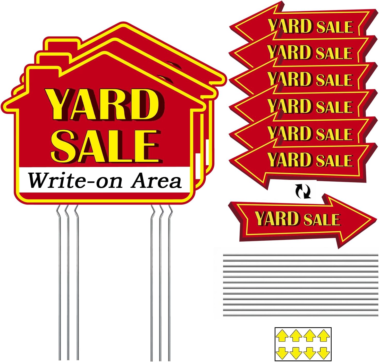 Yard Sale Signs with Stakes – 9-Piece Set, Double-Sided Garage Sale Signs (16 x 12 in) + Directional Arrow Signs (16 x 6 in), Metal Stakes, Write-On Area, Outdoor Weather-Resistant