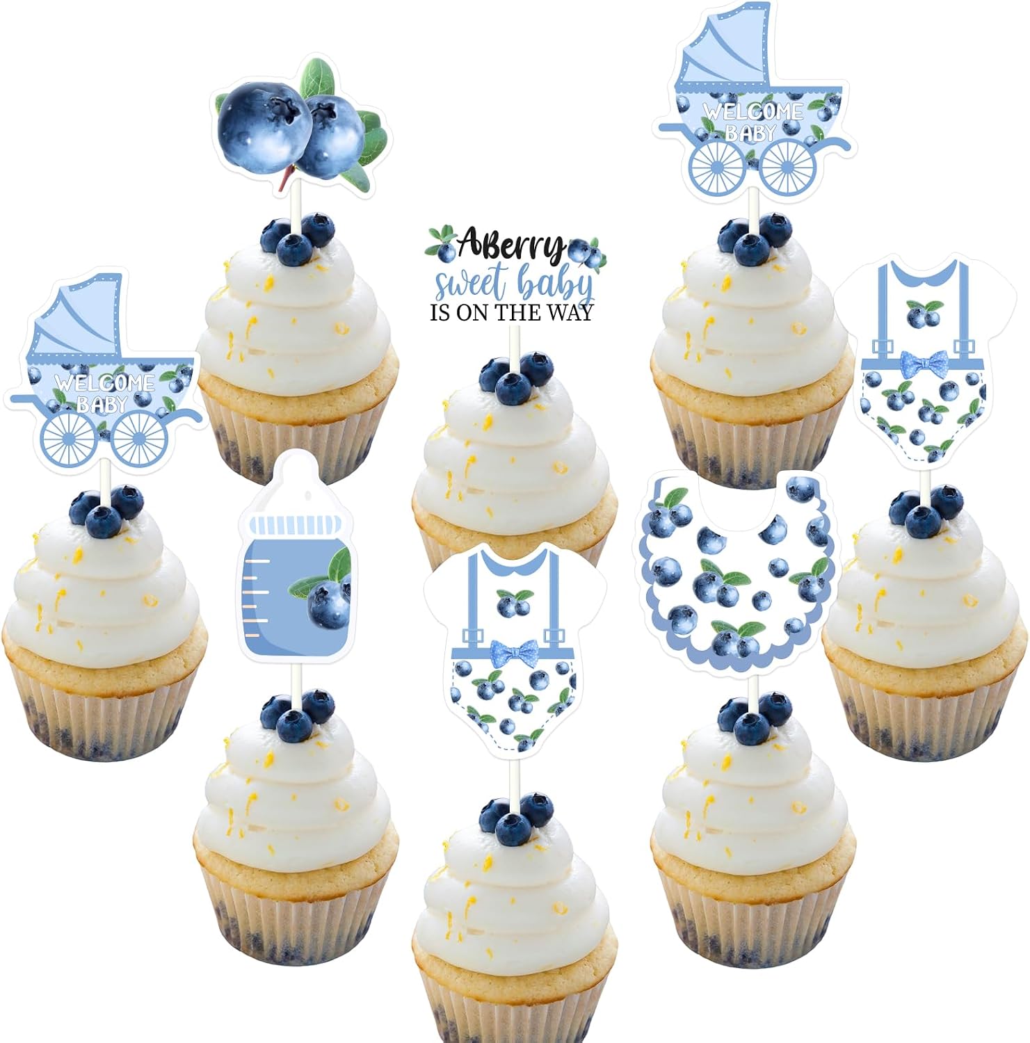 Jollyboom Berry Baby Shower Decorations Girl, 24pcs A Berry Sweet Baby Is on The Way Cupcake Topper Blueberry Double-Sided Printing Cake Decoration for Fruit Theme Baby Shower Gender Reveal Decoration