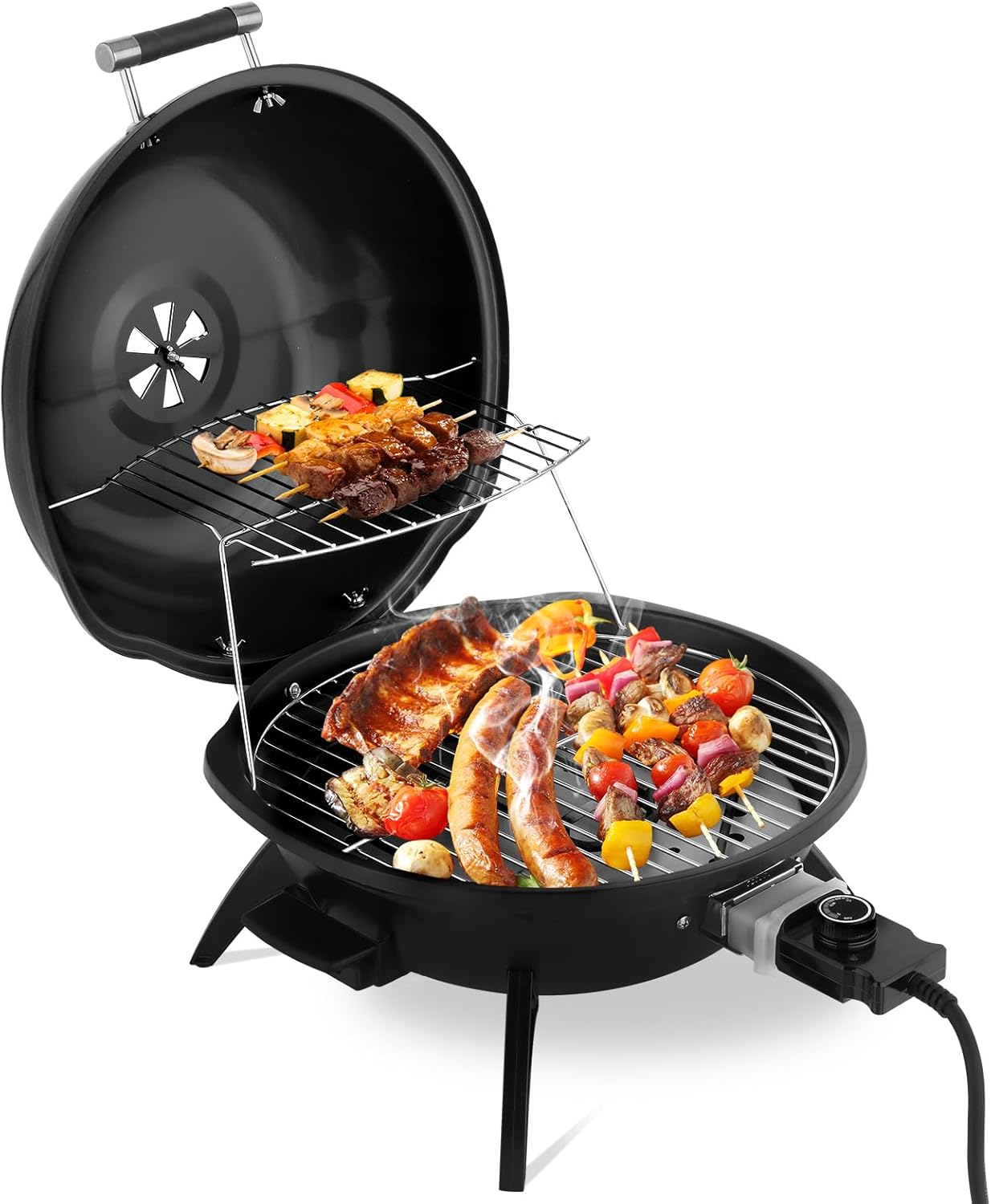 Outdoor Electric Countertop Grill, 1600W Portable BBQ Grill, Double Layer Design with Warming Rack and Adjustable Temp for Indoor, Patio, Balcony, Camping, Black