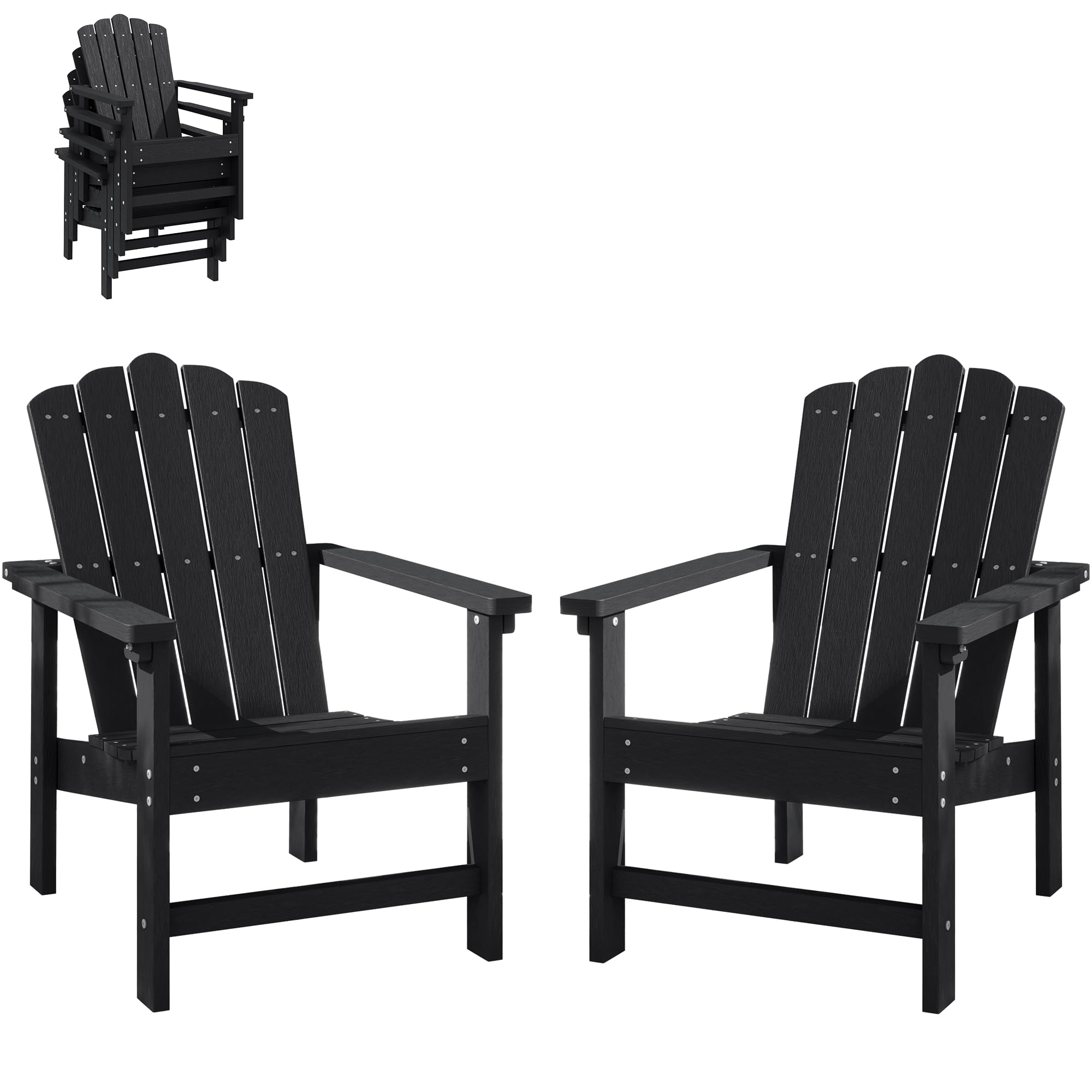 Stackable HDPE Adirondack Chairs Set of 2 – Durable, Weather-Resistant Outdoor Patio Seating, Low Maintenance Poly Lumber Chairs for Porch, Deck, Garden, Fire Pit (Black)