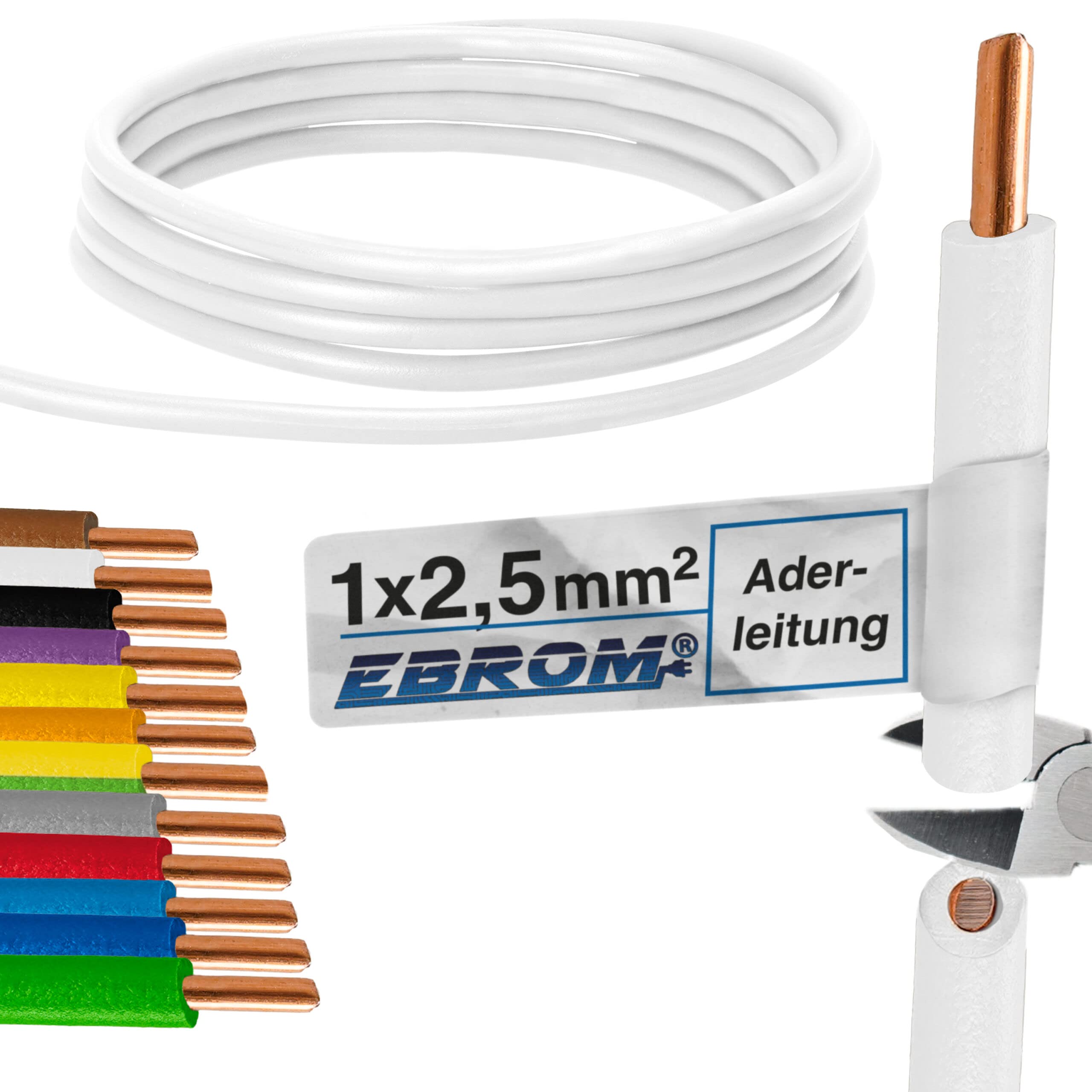 EBROM Conduttore – Singolo cavo rigido – Cavo in PVC – Cavo di cablaggio – H07V-U 2,5 mm² – 2,5 mm2 – Colore: bianco – molte lunghezze a scelta, da 10 metri a 100 metri – Lunghezza selezionata: 30 m