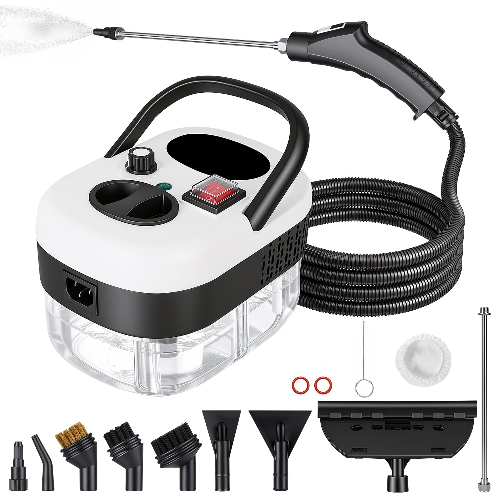 Myjka parowa, 2500 W, wielofunkcyjna, ręczna myjka parowa z 6 prędkościami regulacji, 8 rodzajów dysz, 1250 ml