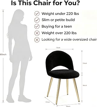 2BYF バニティチェア 調節可能な背もたれ付き Boucle Upholstery アームレス メイクアップスツール ブラックシェルパ バニティスツール ゴールドメタル脚付き 寝室 リビングルーム キッチン ダイニングルーム用 ゴールドとブラック