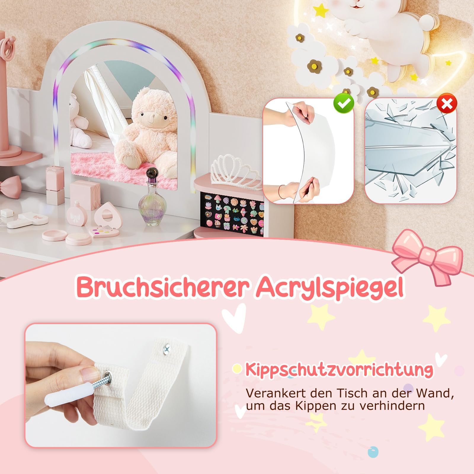 FANTASK 2 in 1 Schminktisch Kinder Set, Schreibtisch Holz mit Buntem Spiegel & Bücherregal, Prinzessin Frisiertisch mit Regalen, Schmuckhalter & Stoffbox, Kosmetiktisch für Mädchen ab 3 Jahren (Weiß)